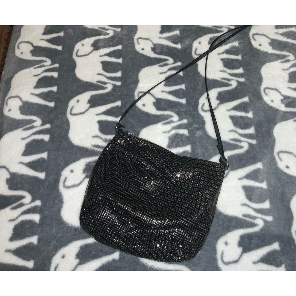 WHITING AN DAVIS womans black shiny purse.  6in by 7in.